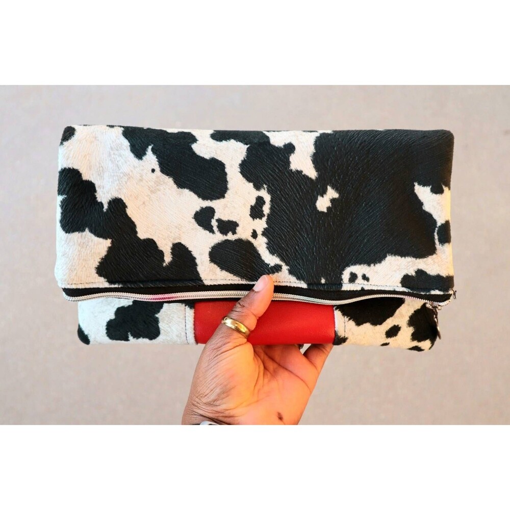 Cowhide Suede foldover clutch purse, cow print, gift for her,  Christmas, brides